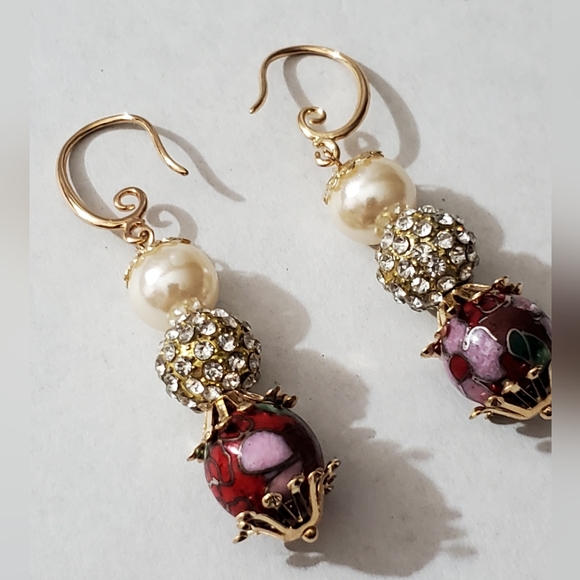 Antique Miriam Haskell Frank Hess cloisonne pave disco ball pearl earrings vtg - Picture 6 of 16